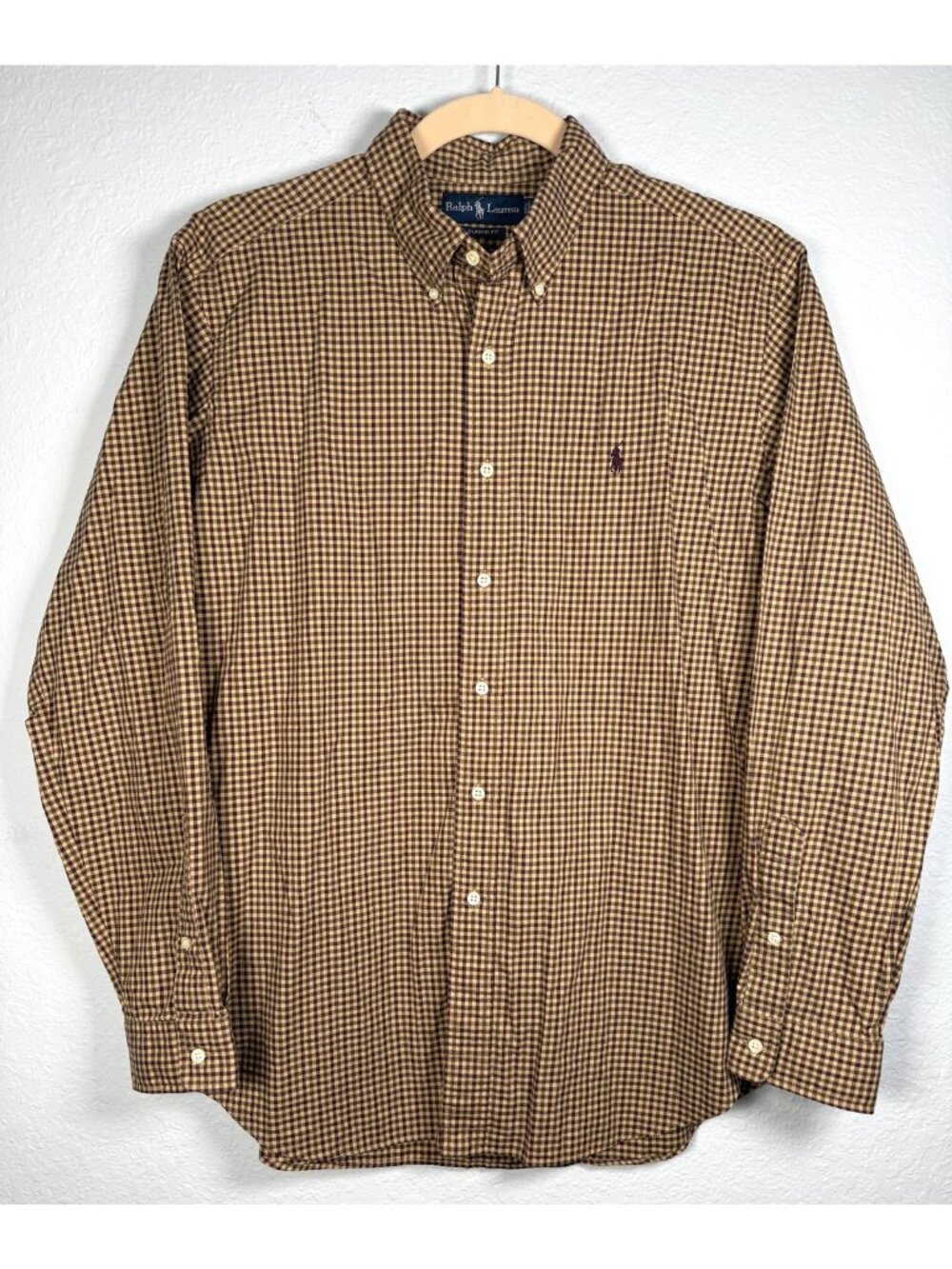 Vtg Ralph Lauren Shirt Mens XL Brown Gingham Check Classic Fit Button Down 90s